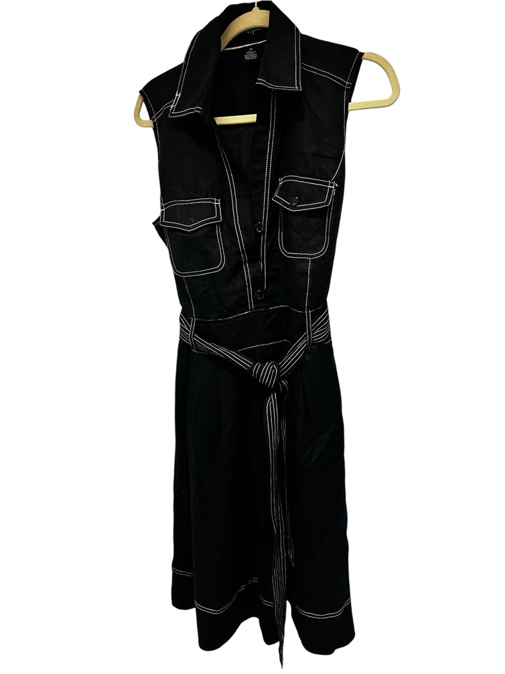 Black Sleeveless 100% Linen Women’s Dress with White Contrast Stitching Size 14
